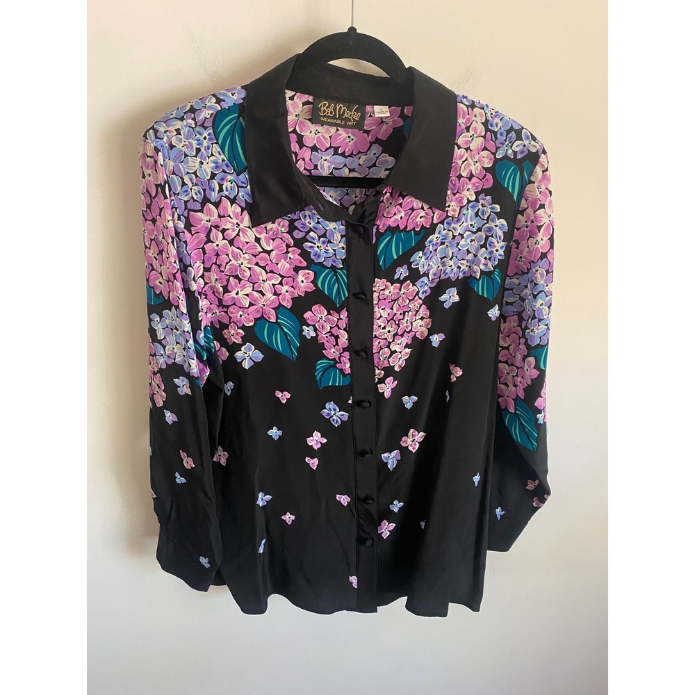 Bob Mackie Wearable Art Womens Silk Beaded Hydrangea Floral Blouse Black Large L
